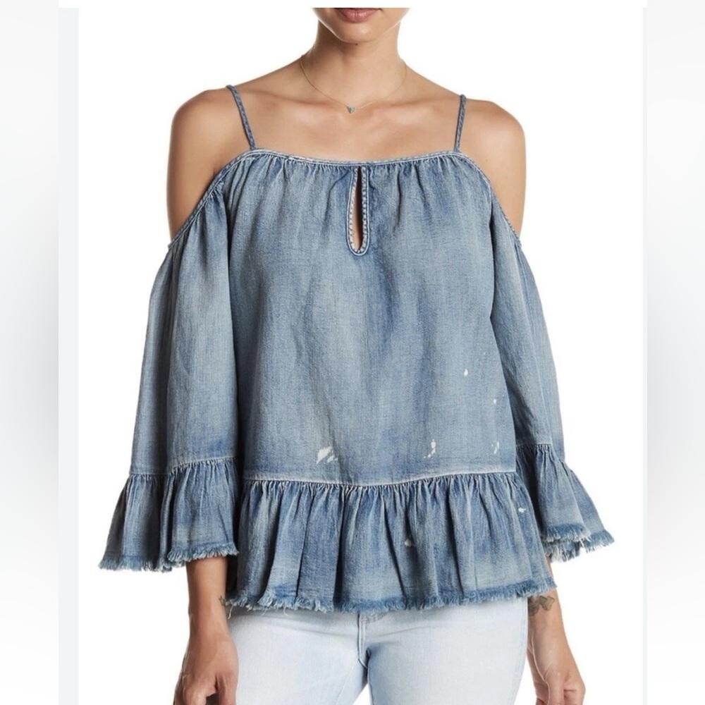 Velvet heart off shoulder lightweight faded wash denim blouse